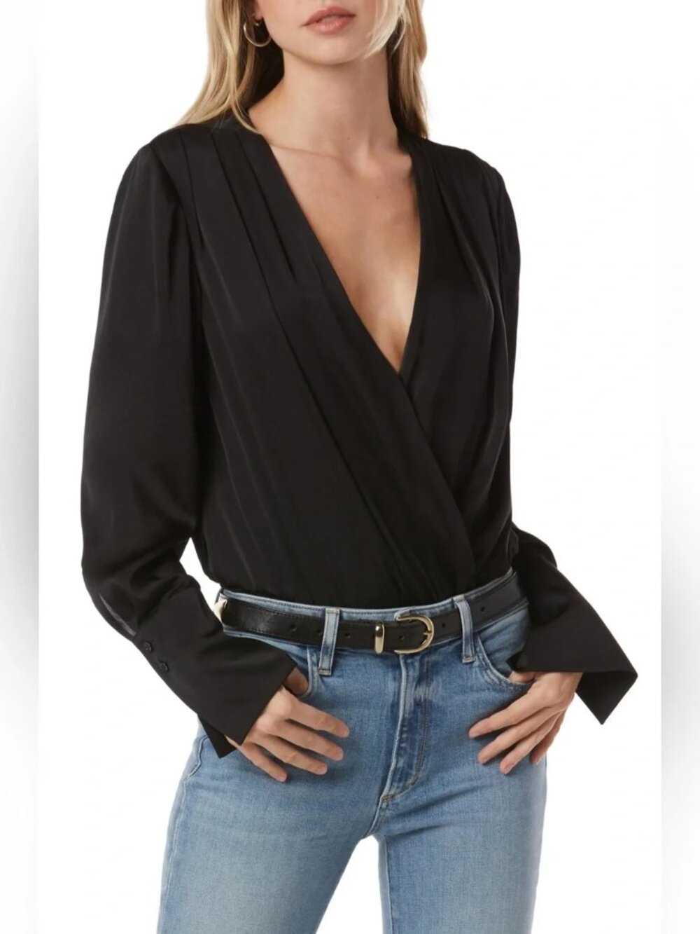 Favorite Daughter Surplice Satin Black Wrap V-Neck Long-Sleeve Bodysuit